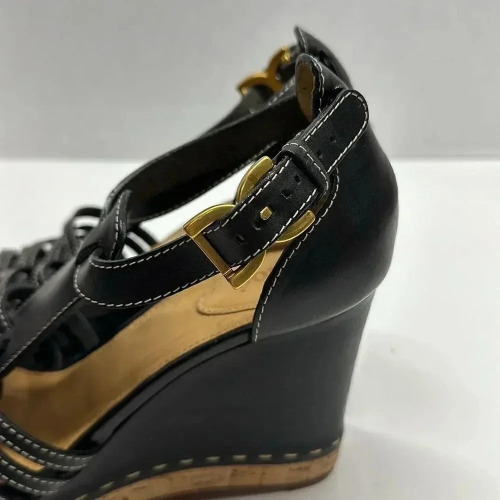 Chloe Marcie Wedges Leather T-Strap Platform High Heel Sandals Black Size 40.5
